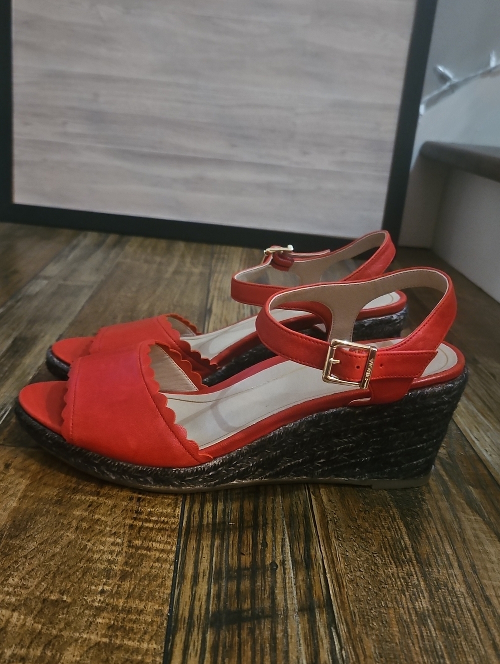 Vionic Women’s Red Sandals W/ Black Espadrille Wedge Heel & Ankle Strap